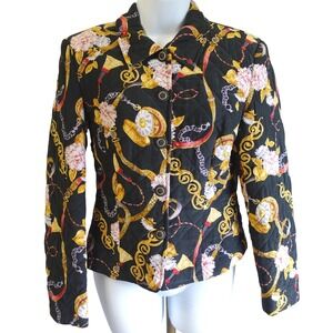 GANTOS VTG 100% Silk Quilted Jacket Black Floral Chain Print Maximalist Blazer 4